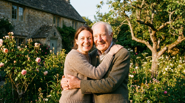 Eine erwachsene Tochter umarmt ihren älteren Vater liebevoll im Garten. Beide lächeln glücklich. Warme Farben, emotionale Verbundenheit, sonniger Nachmittag, realistisch, keine Texte.