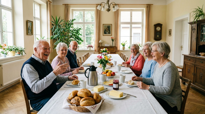 Ein fröhlicher Senior beim gemeinsamen Frühstück mit anderen älteren Menschen an einem schön gedeckten Tisch. Frische Brötchen und Kaffee stehen auf dem Tisch, helle und freundliche Umgebung, realistische Szene.