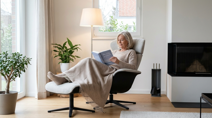Eine entspannte ältere Dame liest in einem gemütlichen, modernen Ruhesessel ein Buch. Im Hintergrund sanftes Licht und eine ruhige, saubere Wohlfühlatmosphäre ohne störende Elemente.