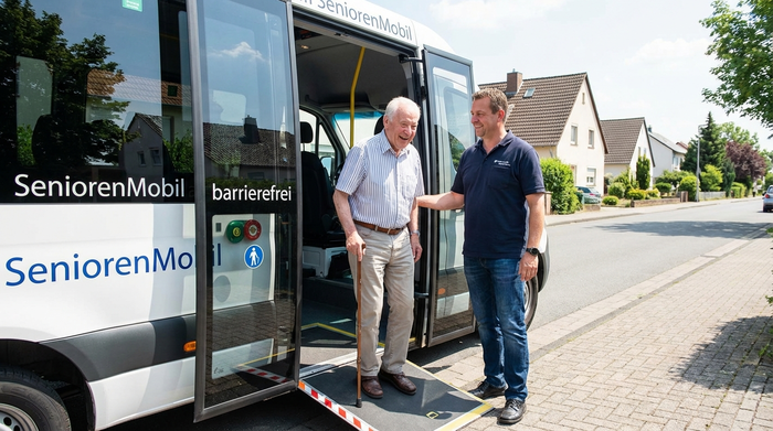 Ein freundlicher Fahrer hilft einem lächelnden Senior mit Gehstock beim Einsteigen in einen modernen, barrierefreien Kleinbus. Sonniges Wetter, sichere und professionelle Betreuungssituation auf der Straße vor einem Wohnhaus.