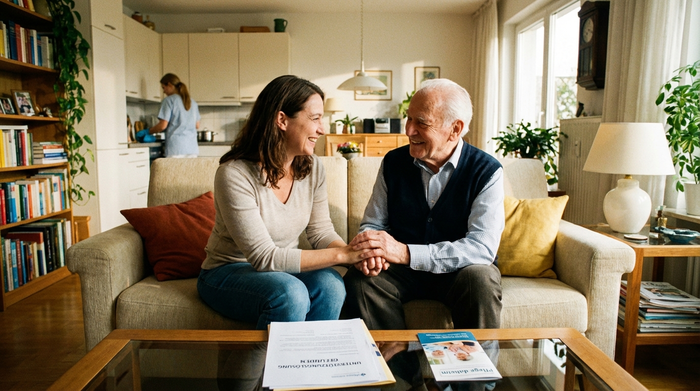 Eine erwachsene Tochter und ihr älterer Vater sitzen entspannt auf dem Sofa und lächeln sich an. Sie wirken erleichtert und glücklich über die gefundene Unterstützungslösung in ihrem hellen Wohnzimmer.