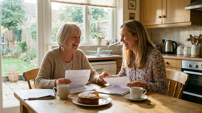 Eine ältere Dame sitzt entspannt mit ihrer Tochter am heimischen Küchentisch, beide lächeln zufrieden und wirken sichtlich erleichtert.