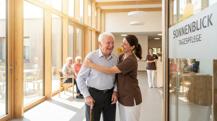 Ein fröhlicher Senior wird herzlich von einer fürsorglichen Pflegekraft am Eingang einer modernen, lichtdurchfluteten Tagespflegeeinrichtung begrüßt.
