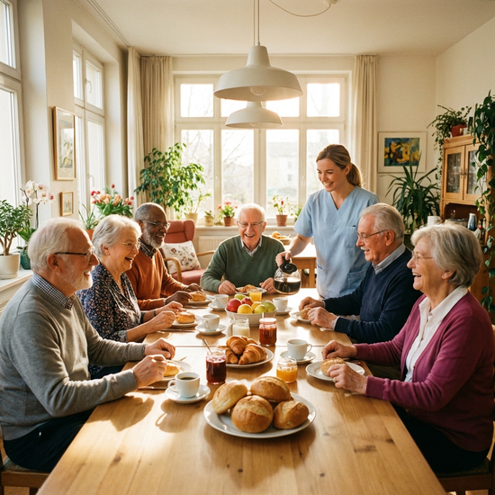 Ältere Menschen sitzen fröhlich an einem gedeckten Frühstückstisch in einer lichtdurchfluteten Einrichtung. Frische Brötchen und Kaffeetassen auf dem Tisch. Eine Pflegekraft gießt Kaffee ein. Realistische, warme Szene ohne Text.