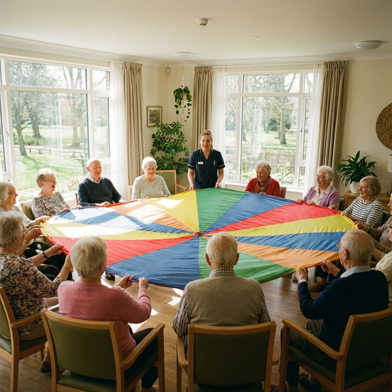 Senioren in einem Stuhlkreis bei leichter Gymnastik mit bunten Schwungtüchern. Lachende Gesichter, helle Räumlichkeiten mit großen Fenstern. Eine motivierende Pflegekraft leitet die Gruppe an. Realistisch, keine Schriftzüge.
