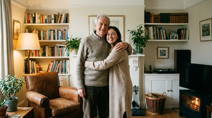 Eine erwachsene Tochter umarmt ihren älteren Vater liebevoll und entspannt im heimischen Wohnzimmer. Beide lächeln glücklich. Gemütliche, aufgeräumte Umgebung, warmes Licht, realistische Szene ohne Text.