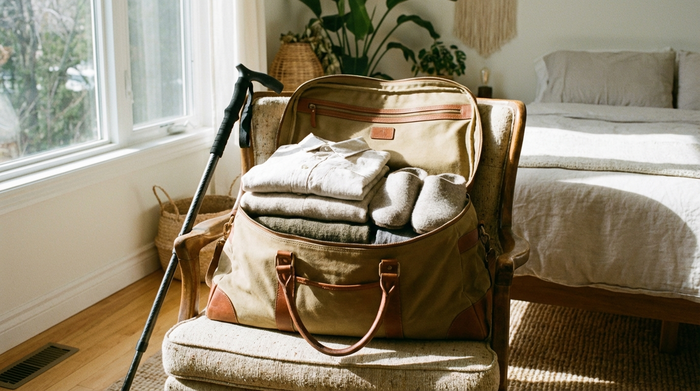 Eine geöffnete, gepackte Reisetasche auf einem Sessel. Darin liegen ordentlich gefaltete, bequeme Kleidung und Hausschuhe. Ein moderner Gehstock lehnt griffbereit daneben. Helles Schlafzimmer, realistische Fotografie ohne Text.