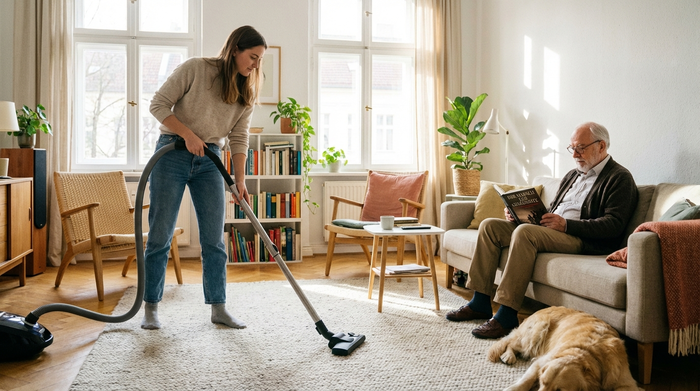 Eine jüngere Frau saugt den Teppich in einem aufgeräumten, hellen Wohnzimmer, während ein älterer Herr entspannt auf dem Sofa sitzt und ein Buch liest. Realistische Alltagsszene, sauberes und sicheres Umfeld.