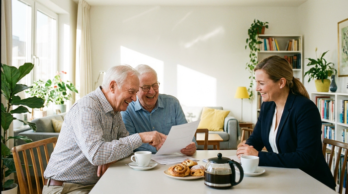 Ein älteres Ehepaar sitzt gemeinsam mit einer freundlichen Beraterin an einem Esstisch. Sie schauen sich lächelnd Dokumente an. Helle, freundliche Umgebung, Kaffeetassen stehen auf dem Tisch.