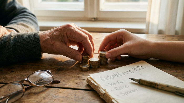 Zwei Hände, eine jüngere und eine ältere, ordnen symbolisch Euro-Münzen auf einem Holztisch in kleine Stapel. Warmes Licht, fokussierte Nahaufnahme, die finanzielle Planung und Budgetierung darstellt.