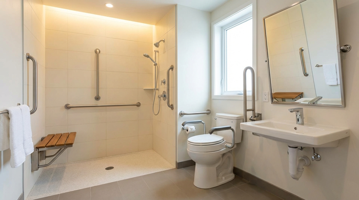 Ein modernes, barrierefreies Badezimmer mit einer großzügigen, ebenerdigen Dusche und stabilen Haltegriffen an den hellen Fliesen. Sauber, gut beleuchtet, sichere und komfortable Umgebung für Senioren.