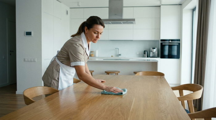 Eine ordentliche, fokussierte Reinigungskraft wischt mit einem feuchten Tuch den Esstisch in einem modernen, sauberen Esszimmer. Im Hintergrund ist eine aufgeräumte Küche zu sehen. Die Szene strahlt Sauberkeit und Effizienz aus.