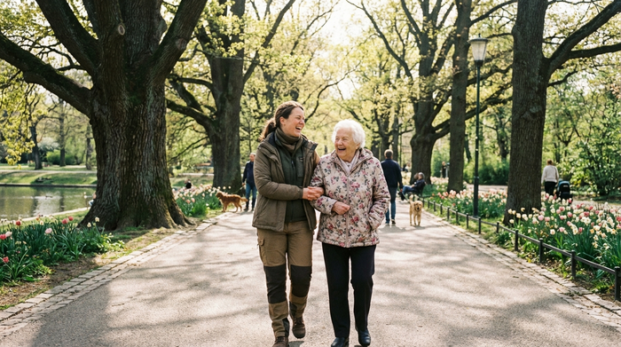 Eine empathische Alltagsbegleiterin spaziert Arm in Arm mit einer älteren Dame durch einen grünen, sonnigen Park. Beide lachen herzlich. Die Umgebung ist idyllisch mit großen Bäumen und einem gepflasterten Weg.