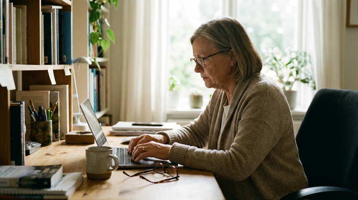 Eine ältere Frau sitzt am Laptop an einem Schreibtisch und tippt konzentriert. Neben ihr liegt eine Brille und eine Kaffeetasse. Die Atmosphäre ist ruhig und gut beleuchtet, typisch für ein Heimbüro.