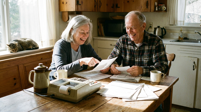 Ein älteres Ehepaar sitzt gemeinsam am Küchentisch und sortiert Dokumente. Die Stimmung ist entspannt und positiv. Ein Taschenrechner und eine Kaffeekanne stehen auf dem Holztisch.