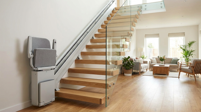 Ein moderner, unauffälliger Treppenlift ist an einer eleganten Holztreppe in einem hellen Einfamilienhaus installiert. Der Flur ist einladend und barrierefrei gestaltet, mit einer gemütlichen Sitzecke im Hintergrund.