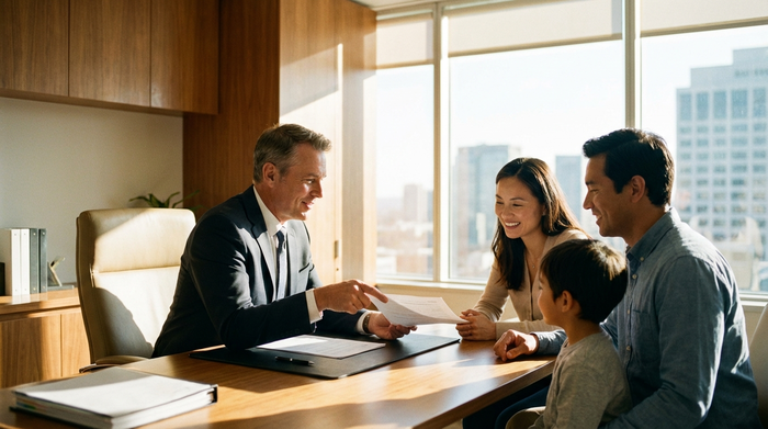 Ein seriöser Berater im Anzug erklärt einer Familie am Schreibtisch verschiedene Dokumente. Helles Büro, freundliche Gesichter, professionelle Atmosphäre, realistisch.