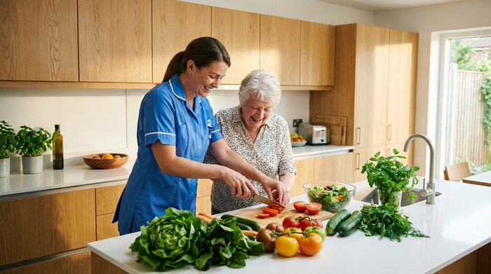 Eine Betreuerin hilft einer älteren Dame liebevoll beim Zubereiten eines Salats in einer sauberen, modernen Küche. Frisches Gemüse, entspannte Stimmung, fotorealistisch.
