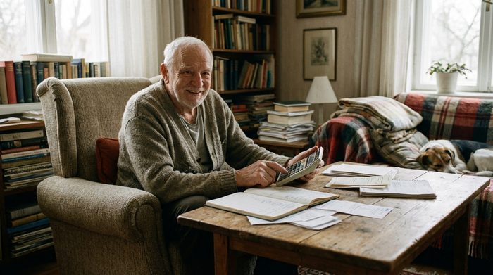 Ein älterer Herr sitzt entspannt mit einem Taschenrechner und einigen Papieren an einem Holztisch im Wohnzimmer, er lächelt erleichtert. Weiches Licht, gemütliche Atmosphäre.