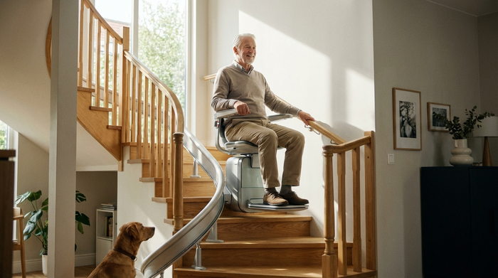 Ein moderner Treppenlift an einer Holztreppe in einem gepflegten Einfamilienhaus. Ein Senior sitzt sicher darauf und fährt lächelnd nach oben. Fotorealistisch, hell.