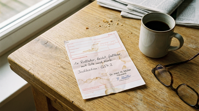 Ein detailliertes ärztliches Rezept für ein medizinisches Hilfsmittel liegt auf einem hellen Holztisch neben einer Tasse Kaffee und einer Lesebrille. Realistische, alltägliche Szene am Morgen im heimischen Esszimmer.