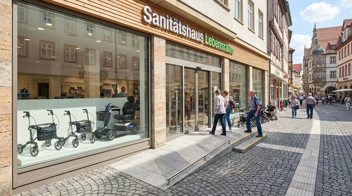 Die barrierefreie, einladende Eingangsfront eines modernen Sanitätshauses in einer gepflegten deutschen Innenstadt. Große Schaufenster zeigen moderne Rollatoren und Elektromobile im sonnigen Tageslicht.