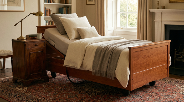 Ein komfortables, elektrisch höhenverstellbares Pflegebett mit edler Holzverkleidung in einem gemütlichen, wohnlichen Schlafzimmer. Hochwertige Bettwäsche, ein Nachttisch mit einer Leselampe daneben. Es herrscht keine kühle Krankenhausatmosphäre.