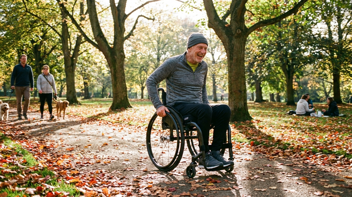Ein aktiver älterer Herr fährt fröhlich mit einem modernen Leichtgewichtsrollstuhl durch einen sonnigen, grünen Park. Herbstliches Laub liegt auf den Wegen, entspannte und lebensbejahende Stimmung in der Natur.