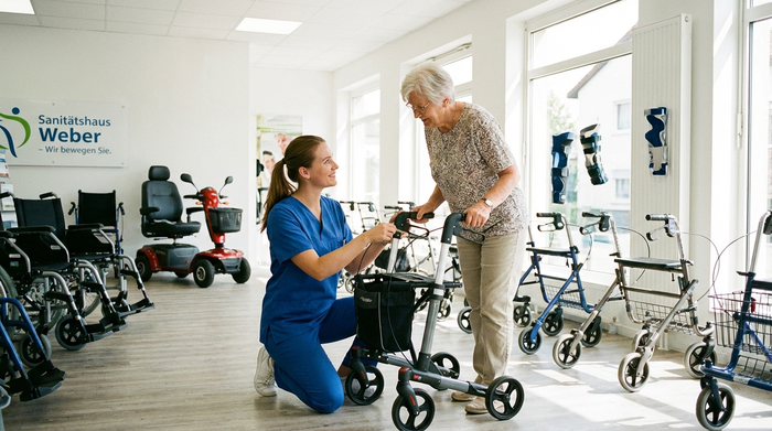 Ein freundlicher Orthopädietechniker kniet neben einem Rollator und erklärt einer aufmerksamen Seniorin die Bremsfunktion. Helle, saubere Ausstellungsräume eines Sanitätshauses mit verschiedenen Mobilitätshilfen im Hintergrund.