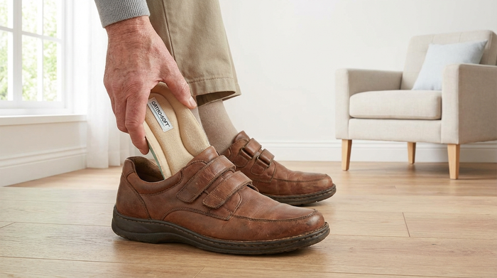 Nahaufnahme von bequemen, geschlossenen Halbschuhen eines Seniors, in die eine weiche, orthopädische Einlage gelegt wird. Helles Zimmer, saubere Umgebung, fotorealistisch.