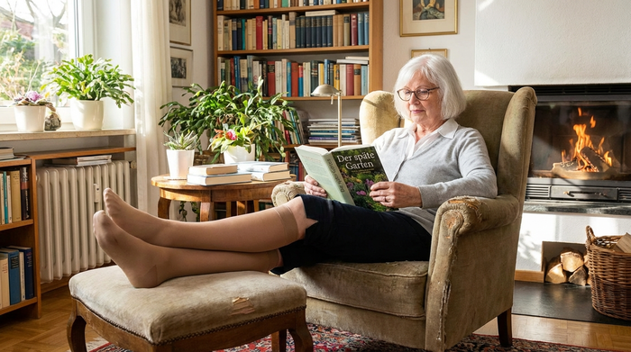Eine ältere Dame sitzt bequem auf einem Sessel und trägt gut sitzende, hautfarbene Kompressionsstrümpfe. Sie wirkt entspannt und liest ein Buch. Helles, gemütliches Wohnzimmer, fotorealistisch.