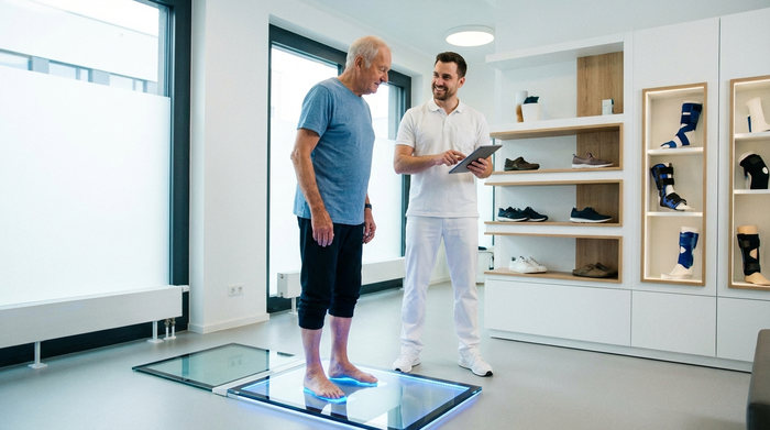 Ein Senior steht auf einer modernen, blau beleuchteten Fußdruckmessplatte in einem hellen, sauberen Sanitätshaus. Ein freundlicher Techniker in weißer Kleidung steht daneben. Ohne Text, fotorealistisch.