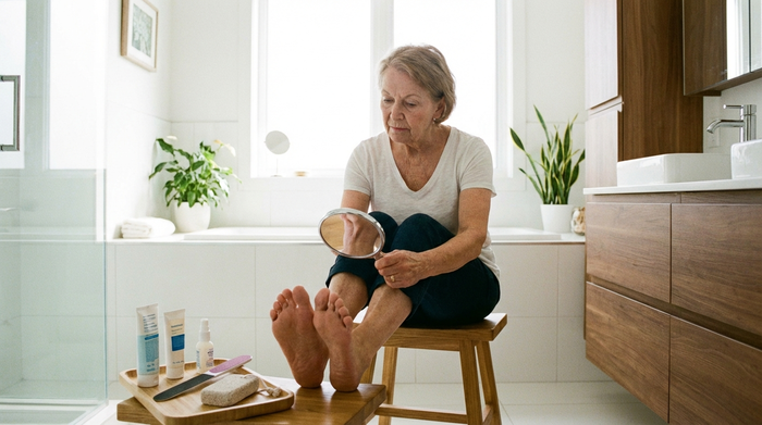 Eine ältere Person begutachtet sorgfältig ihre nackten Füße mit einem kleinen Handspiegel in einem gut beleuchteten Badezimmer. Präventive Fußpflege, fotorealistisch, saubere Umgebung.