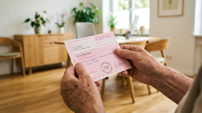 Eine Nahaufnahme der Hände eines älteren Menschen, die ein rosafarbenes ärztliches Rezept halten. Im Hintergrund ist leicht verschwommen eine helle, moderne Arztpraxis zu erkennen. Realistisch, warme Beleuchtung, Fokus auf den Händen und dem Papier.