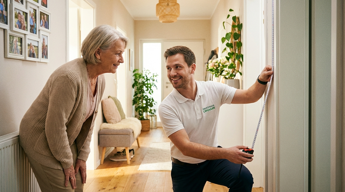 Ein sympathischer Berater eines Sanitätshauses misst mit einem Maßband den Türrahmen in einem freundlich eingerichteten Flur eines Einfamilienhauses. Eine ältere Dame schaut ihm interessiert zu. Helle, einladende Umgebung, professionelle und vertrauensvolle Stimmung.