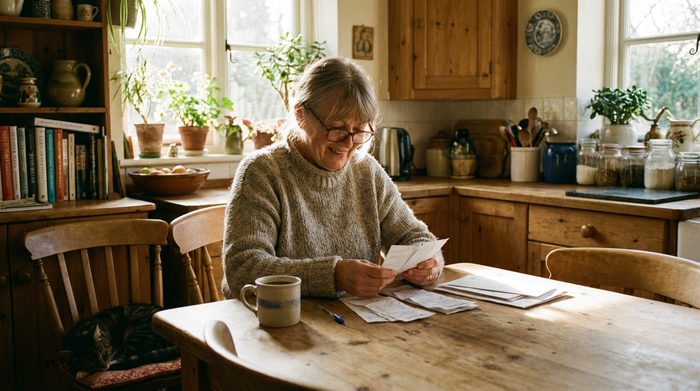 Eine ältere Frau sitzt an einem Holztisch in ihrer Küche und sortiert entspannt einige Belege und Briefe. Eine Tasse Kaffee steht neben ihr. Das Sonnenlicht scheint durch das Küchenfenster. Gemütliche, ruhige Atmosphäre, fotorealistisch.