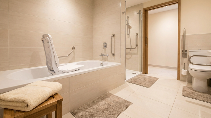 Ein modernes, sauberes Badezimmer mit hellen Fliesen. In der Badewanne ist ein weißer, ergonomischer Badewannenlift installiert. Ein flauschiges Handtuch liegt auf einem Hocker bereit. Die Szene wirkt sicher, komfortabel und barrierefrei, ohne Personen.