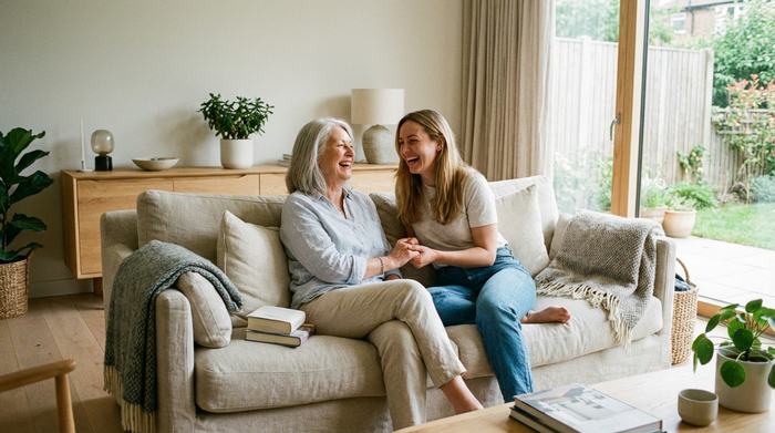 Eine ältere Frau und ihre erwachsene Tochter sitzen lachend auf einem bequemen Sofa in einem modernen Wohnzimmer. Die Tochter hält liebevoll die Hand der Mutter. Harmonische, familiäre Pflegesituation zu Hause.