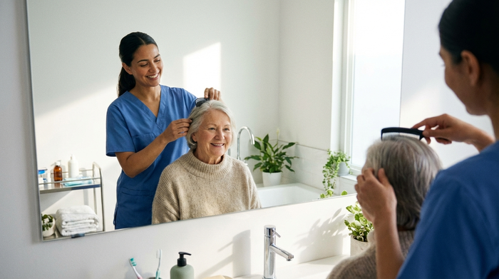 Eine sympathische Pflegekraft hilft einer älteren Dame beim behutsamen Kämmen der Haare im hellen, sauberen Badezimmer. Beide lächeln sich im Spiegel an. Liebevolle und professionelle Grundpflege.