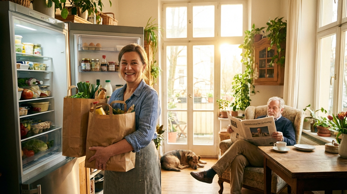 Eine freundliche Haushaltshilfe räumt in einer sonnendurchfluteten Küche frische Einkäufe in den Kühlschrank, während ein älterer Mann im Hintergrund entspannt am Tisch eine Zeitung liest.