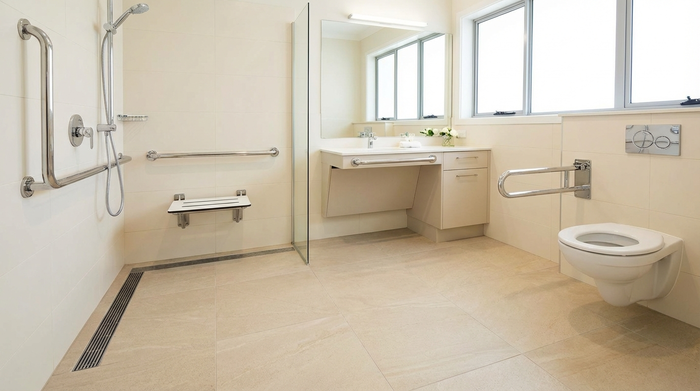Ein modernes, barrierefreies Badezimmer mit einer großzügigen, ebenerdigen Dusche, stabilen Haltegriffen an den Wänden und einem rutschfesten Boden. Helle Fliesen und eine saubere, sichere Umgebung für Senioren.