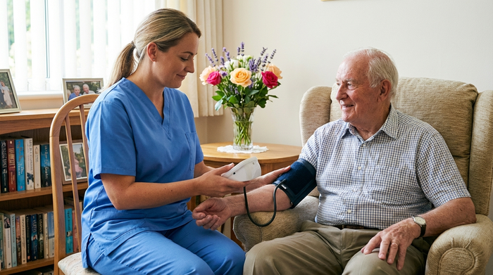 Eine professionelle Pflegekraft in sauberer, blauer Arbeitskleidung misst behutsam den Blutdruck eines älteren Herrn in seinem gepflegten Zuhause. Im Hintergrund stehen frische Blumen auf einem Holztisch, helle und medizinisch saubere Umgebung.