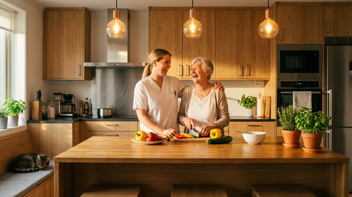 Eine engagierte Betreuungskraft und eine Seniorin kochen gemeinsam in einer modernen, aufgeräumten Küche. Sie schneiden frisches Gemüse und lachen miteinander. Warme, familiäre Lichtstimmung, die Geborgenheit ausstrahlt.