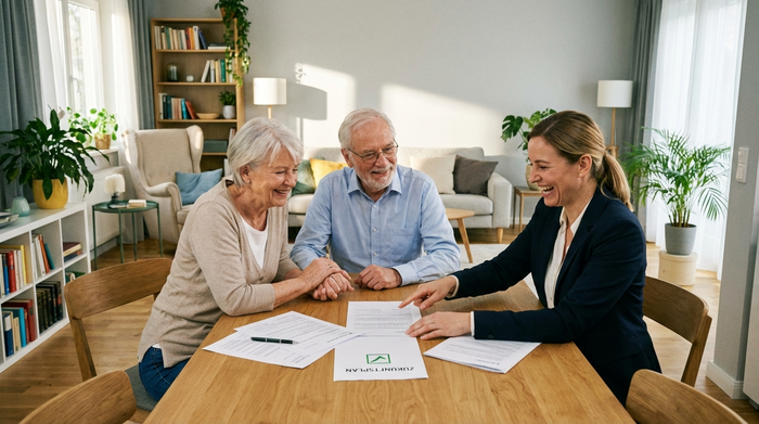 Ein älteres Ehepaar sitzt gemeinsam mit einer Beraterin an einem Esstisch und schaut entspannt auf Dokumente. Die Stimmung ist positiv und erleichtert. Helles Tageslicht, aufgeräumtes Wohnzimmer.