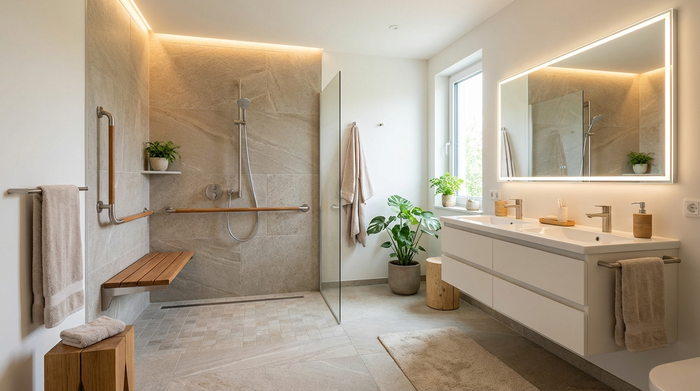 Ein modern eingerichtetes, helles Badezimmer mit einer ebenerdigen, barrierefreien Dusche und eleganten Haltegriffen an den Wänden. Sauber, sicher und altersgerecht gestaltet, ohne medizinisch oder kühl zu wirken.