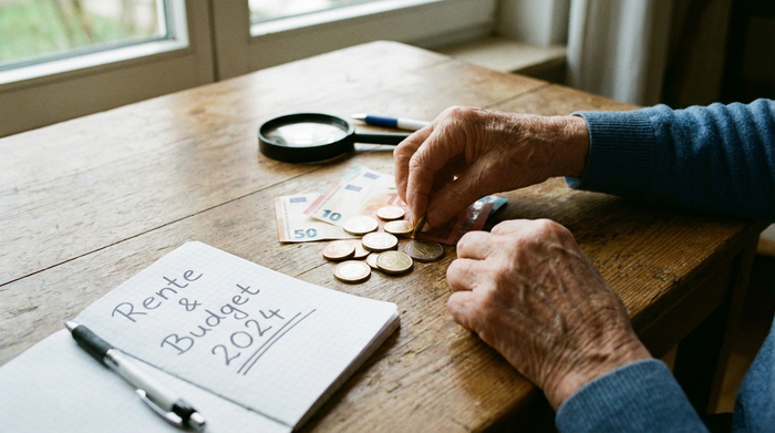 Eine Nahaufnahme von Händen einer älteren Person, die sorgfältig einige Euro-Münzen und Geldscheine auf einem Holztisch sortiert, weiches Licht, fokussiert auf die finanzielle Planung im Alter.