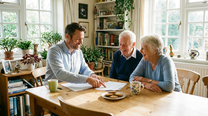 Ein freundlicher Berater sitzt mit einem Senioren-Ehepaar an einem hellen Esstisch, sie betrachten gemeinsam Dokumente, entspannte und vertrauensvolle Stimmung, gemütliche Wohnumgebung.