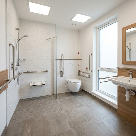 Ein modernes, barrierefreies Badezimmer mit einer bodengleichen Dusche, stabilen Haltegriffen an den Wänden und rutschfesten Fliesen, helles und sicheres Design für Senioren.
