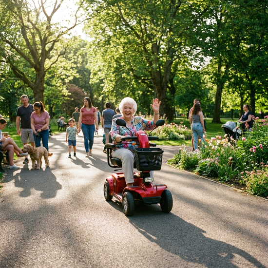 Eine ältere Dame fährt fröhlich mit einem roten Elektromobil durch einen grünen Park an einem sonnigen Nachmittag, umgeben von Bäumen und gepflasterten Wegen.