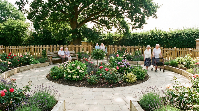 Ein heller, sicherer Demenzgarten mit einem gepflasterten Rundweg. Hochbeete mit bunten Blumen, eine gemütliche Holzbank im Schatten eines Baumes. Senioren spazieren entspannt in der Sonne. Realistische, friedliche Szene, keine Schrift.